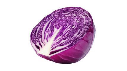 Half of a red cabbage showing its intricate purple and white layers, isolated on a transparent background.