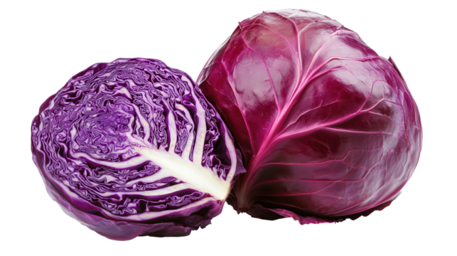 Whole red cabbage with one half sliced to reveal the intricate interior, isolated on a transparent background.