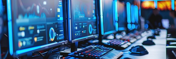 Rows of computer monitors with keyboards and accessories in office or conference