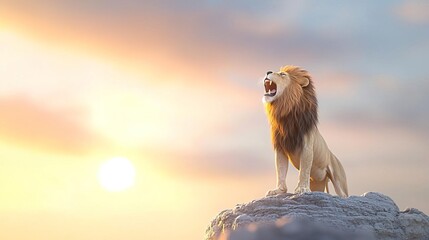 Obraz premium A powerful lion roars from a rocky outcrop at sunset.
