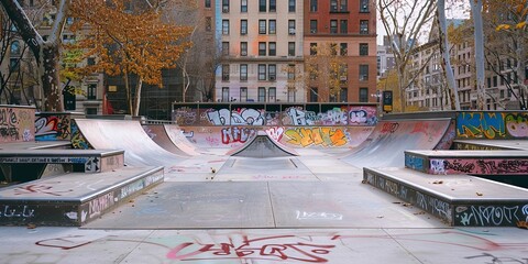 empty skate park with graffiti artwork and street objects used for ramps