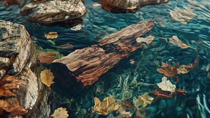 Close-up of natural textures, leaf patterns, wood grain, water ripples