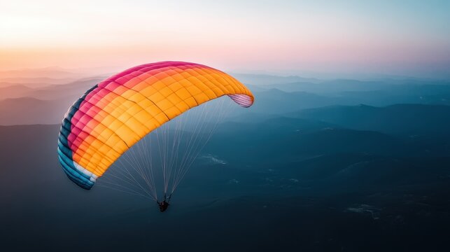 A vibrant paraglider sails smoothly over a vast, mountain landscape bathed in the warm hues of a stunning sunset, evoking a sense of adventure and tranquility.