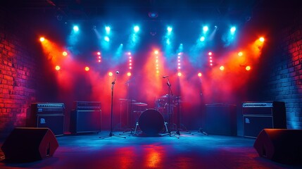 Club stage with musical instruments, microphones, colored lighting, 