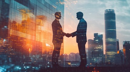 Double exposure image of business people handshake on city office building in background showing partnership success of business deal. Concept of corporate teamwork, trust partner and work agreement.