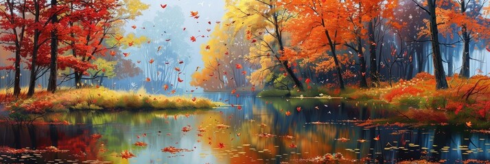 A picturesque autumn landscape with colorful trees, falling leaves, and a gentle stream reflecting the vibrant foliage