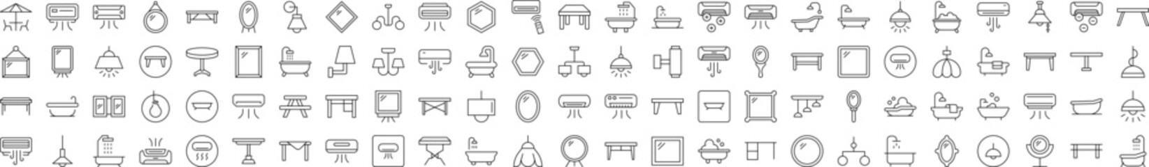 Interior Simple Linear Illustrations. Contains Icons of Conditioner, Mirror, Table, Lamp, Chandelier, Bathroom that Can Be Used for Design of Cards, Posts, Apps, Web Sites