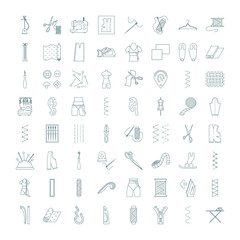 Sewing and needlework icons set. Dressmaker tools, equipment, accessories in pictograms. Elements of tailoring in outline. Threads, needle, scissors, dummy, sewing machine. Line vector illustration