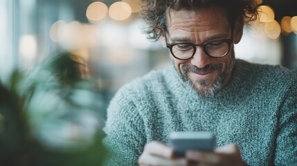 A man with curly hair and glasses, using his smartphone in a cozy, warmly lit cafe setting, wearing a knitted sweater and smiling while interacting with his device.