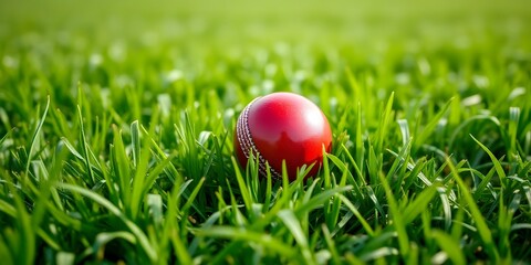 A red cricket ball resting in green grass