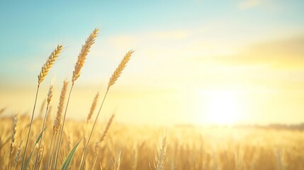 Fototapeta premium Golden wheat stalks swaying in a field at sunset.