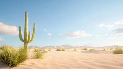 Fototapeta premium Lone saguaro cactus stands tall in a vast desert landscape under a clear blue sky.