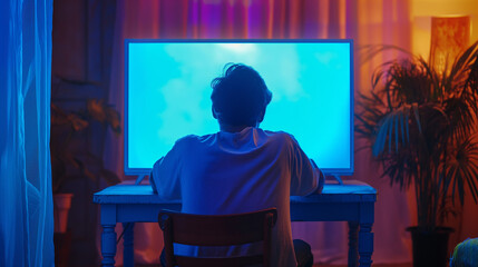 Fototapeta premium the alone man watching the tv