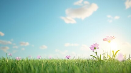 Fototapeta premium Wide-angle 3D shot of a prairie in full bloom, vibrant wildflowers stretching out under a vast sky, with soft, natural light illuminating the scene.