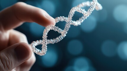 A close-up image of a hand holding a transparent DNA model, illuminated by blue lights, symbolizing genetics, science, and human biological research.