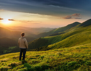 Fototapeta premium Homme seul au sommet de la montagne pendant le coucher de soleil