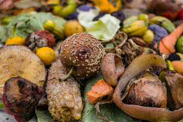 Household food waste for fruit and vegetable compost. Compost pile of vegetables and fruits.