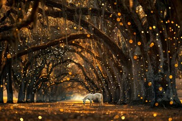 Naklejka premium Enchanting Dawn in Magical Forest with Grazing Unicorns and Lights