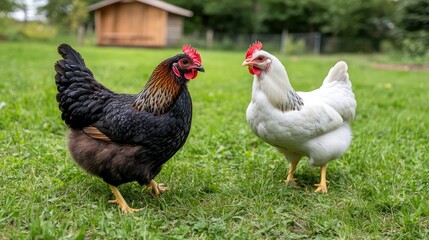 Fototapeta premium Chickens and hens roam freely on vibrant green grass by a chicken coop with trees in the background under clear sunny skies