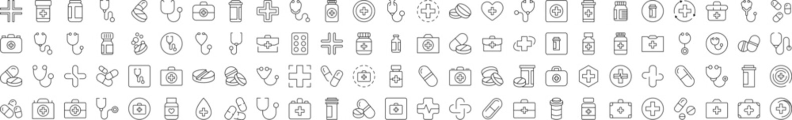 Collection of Health Care Related Line Icons. Editable Stroke for Design, Web Sites, Apps, Cards. Contains Linear Images of Medical Cross, Pills, Stethoscope, Suitcase