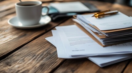 A pile of documents and reports neatly arranged on a wooden desk, with a cup of coffee nearby