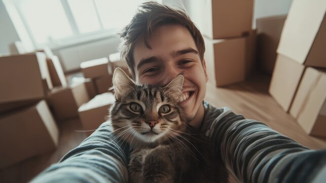 Young student man taking selfie with a cat in new apartment with cardboard boxes in the background. Moving to new home, mortgage, rental concept