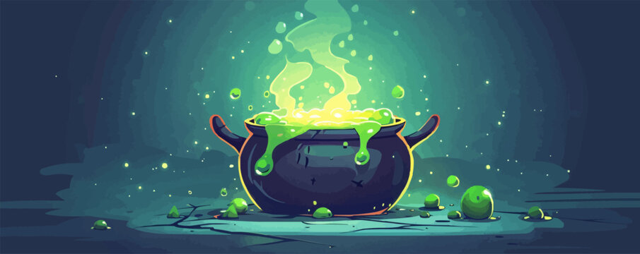 Cauldron bubbling with green potion. Vector flat isolated.