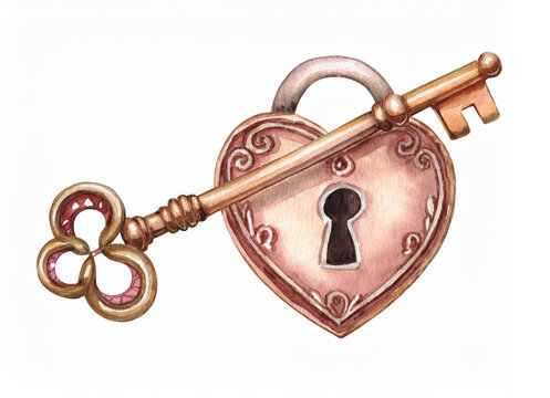 Vintage key, lock. Watercolor clipart. Handmade. Gift for Valentine's Day or Mother's Day, birthday.
