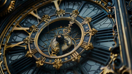 A clock with gold and black roman numerals