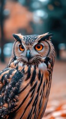 The owl's large, captivating eyes and delicate feathers create a stunning portrait with a dark, unobtrusive background