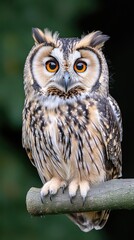 Fototapeta premium The owl's large, captivating eyes and delicate feathers create a stunning portrait with a dark, unobtrusive background