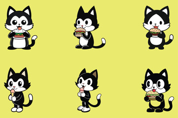 Cartoon cat eating various character art illustration 