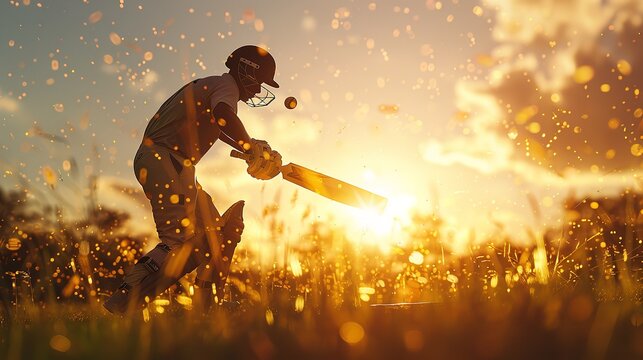 Energetic cricket player playing cricketing shots