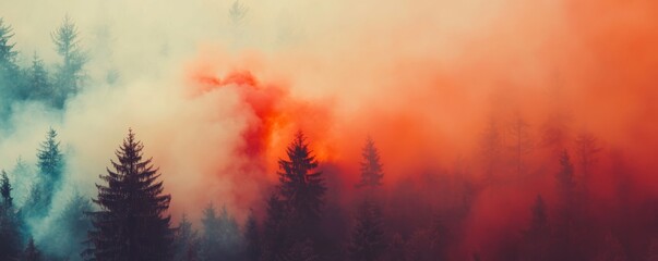 Forest fire in dense woodland with heavy