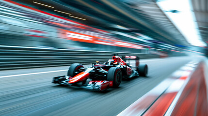 A race car is speeding down a track