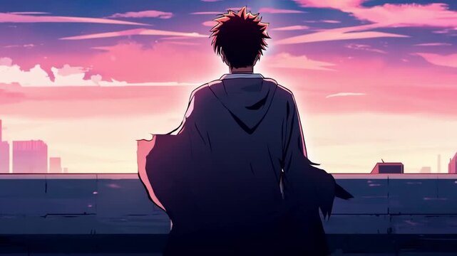 An orange sunrise illuminates a dismal cityscape, while an anime hero stands on a rooftop. As they get ready for the challenges of the day, their cape flutters.