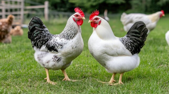 Two striking black and white silky leghorn hens stand on lush green grass with a rooster and other chickens exploring the background