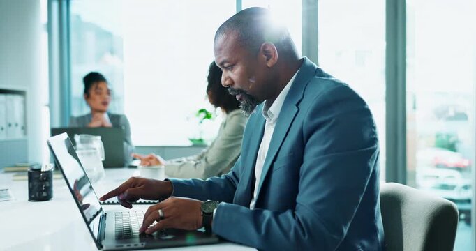 Businessman, laptop and typing in office or working on proposal, satisfied or thinking for company pitch. Male accountant, planning and computer for budget strategy, commitment to financial job