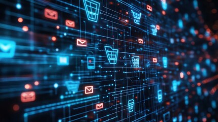 Abstract network of connected icons symbolizing online shopping and e-commerce on a digital interface with a depth of field effect.