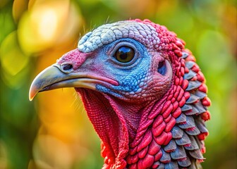 Close-up of a proud turkey's head, showcasing vibrant plumage, bright red wattle, and sharp eyes, set against a blurred natural background.