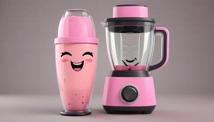 A pink blender and a pink smoothie maker with smiling faces drawn on them