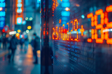 Fototapeta premium A busy city street with a large electronic board displaying the time