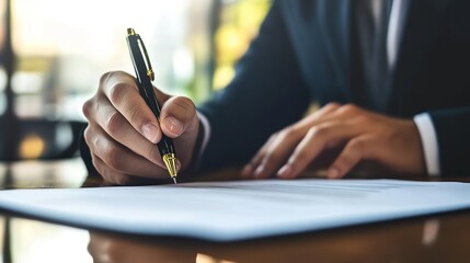 A professional reviewing a detailed report, making annotations with a pen in a quiet office setting
