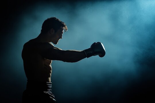 Boxer practicing in a dimly lit training space with dramatic lighting during a workout session