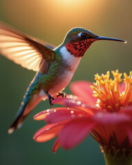 Fototapeta premium Hummingbird on flower petal with dewdrops in sunlight. AI generative.