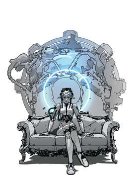 Fototapeta Futuristic Cyborg Woman Sitting on Sofa