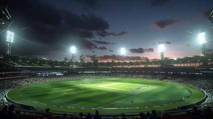 Aerial view of realistic oval sports stadium with floodlights and cricket pitch in urban setting