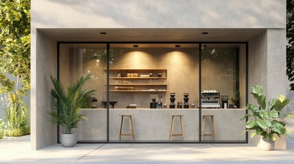 Chic minimalist modern concrete cafe shop facade with windows, decorated with exotic plants, blank signage to put brand logo, mockup, coffee business