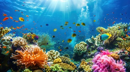 Naklejka premium Vibrant Underwater Coral Reef with Fish