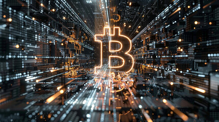 Obraz premium A glowing B is the center of a futuristic cityscape